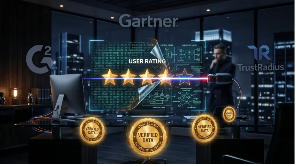 A technological visualization of a 5-star review being dissected to reveal the underlying technical data and architecture.