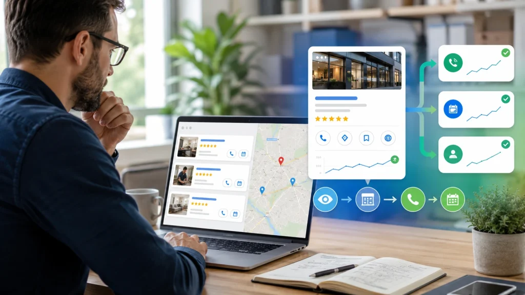 Business owner analyzing Google Business Profile conversion data with calls, bookings, and local search actions
