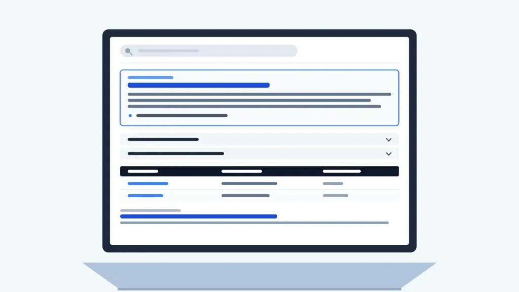 B2B search results page highlighting featured snippets, list snippets, and people also ask boxes.
